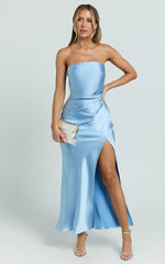 Glenda Midi Dress - Satin Strapless Side Split Dress in Blue