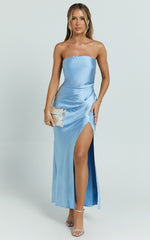 Glenda Midi Dress - Satin Strapless Side Split Dress in Blue