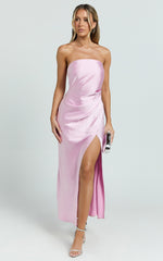 Glenda Midi Dress - Satin Strapless Side Split Dress in Pink