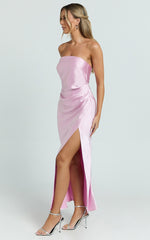 Glenda Midi Dress - Satin Strapless Side Split Dress in Pink