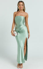 Glenda Midi Dress - Satin Strapless Side Split Dress in Sage