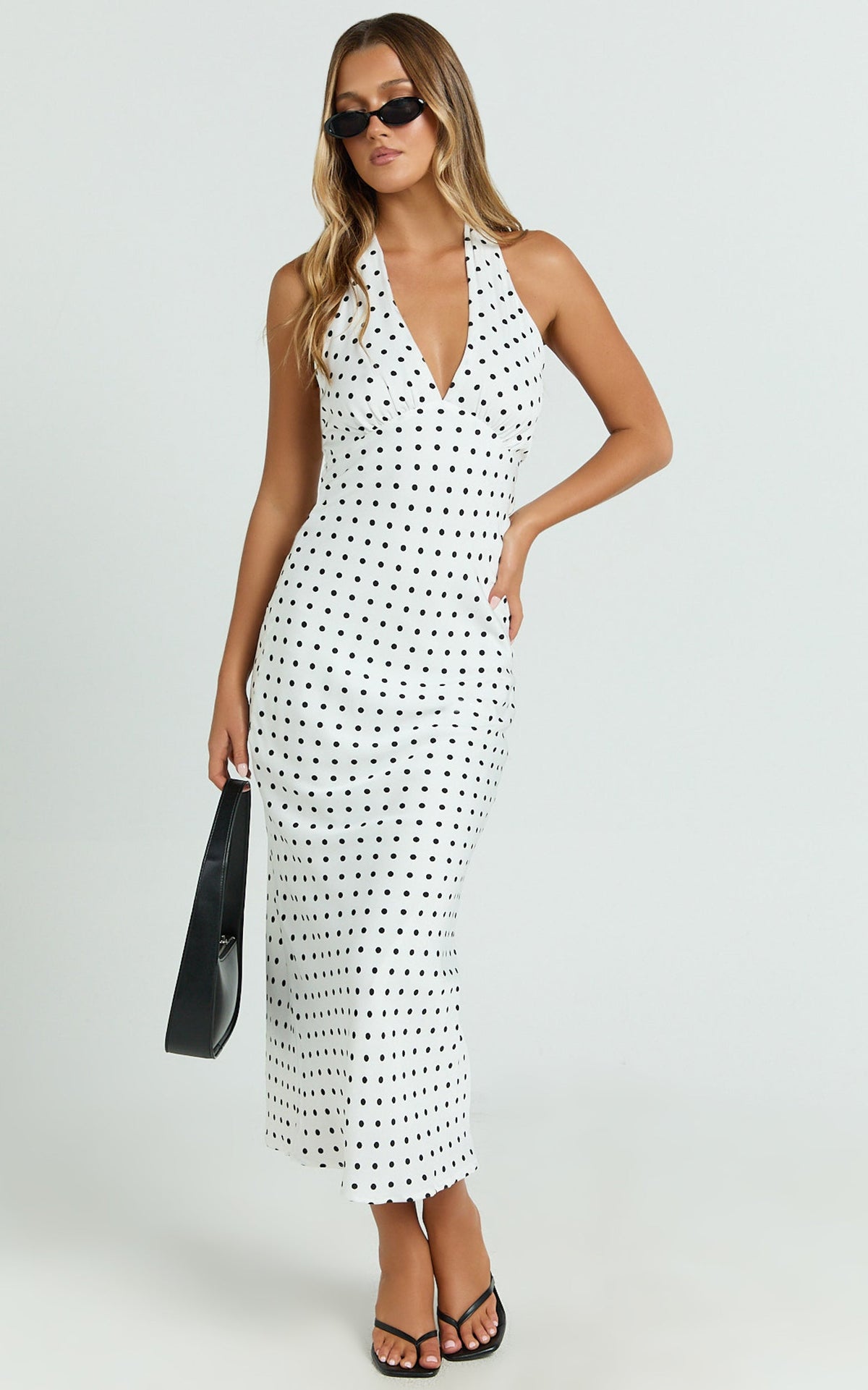 Grayson Midi Dress - Tie Halter Neck Slip Dress in White / Black