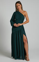 Grittah Midi Dress - One Shoulder Bishop Sleeve High Split Ruched Dress in Emerald
