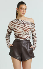 Gwendolyn Top - Zebra Sheer One Shoulder Long Sleeve Top in Dark Brown