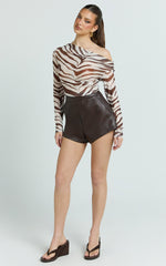 Gwendolyn Top - Zebra Sheer One Shoulder Long Sleeve Top in Dark Brown