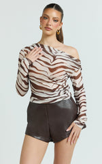Gwendolyn Top - Zebra Sheer One Shoulder Long Sleeve Top in Dark Brown