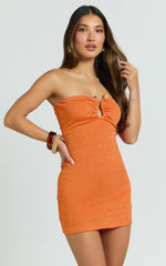 Halle Mini Dress - Strapless Fitted Jersey Hardware Trim Detail Dress in Orange