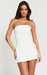 Hallie Mini Dress - Strapless Pocket Detail Cargo Dress in White