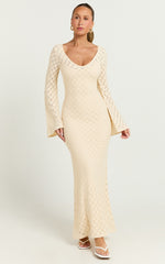 Halsey Maxi Dress - Crochet Scoop Neck Flare Sleeve Dress in Off White