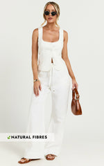 Hamilton Linen Blend Pants - Straight Elasticated Mid Waist Pants in White