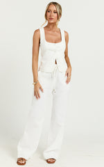 Hamilton Linen Blend Pants - Straight Elasticated Mid Waist Pants in White