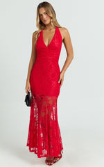 Hance Midi Dress - neck Lace Open Back Dress in Red
