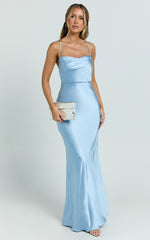 Hanna Maxi Dress - Satin Cowl Neck Low Back Dress in Blue