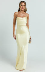 Hanna Maxi Dress - Satin Cowl Neck Low Back Dress in Lemon