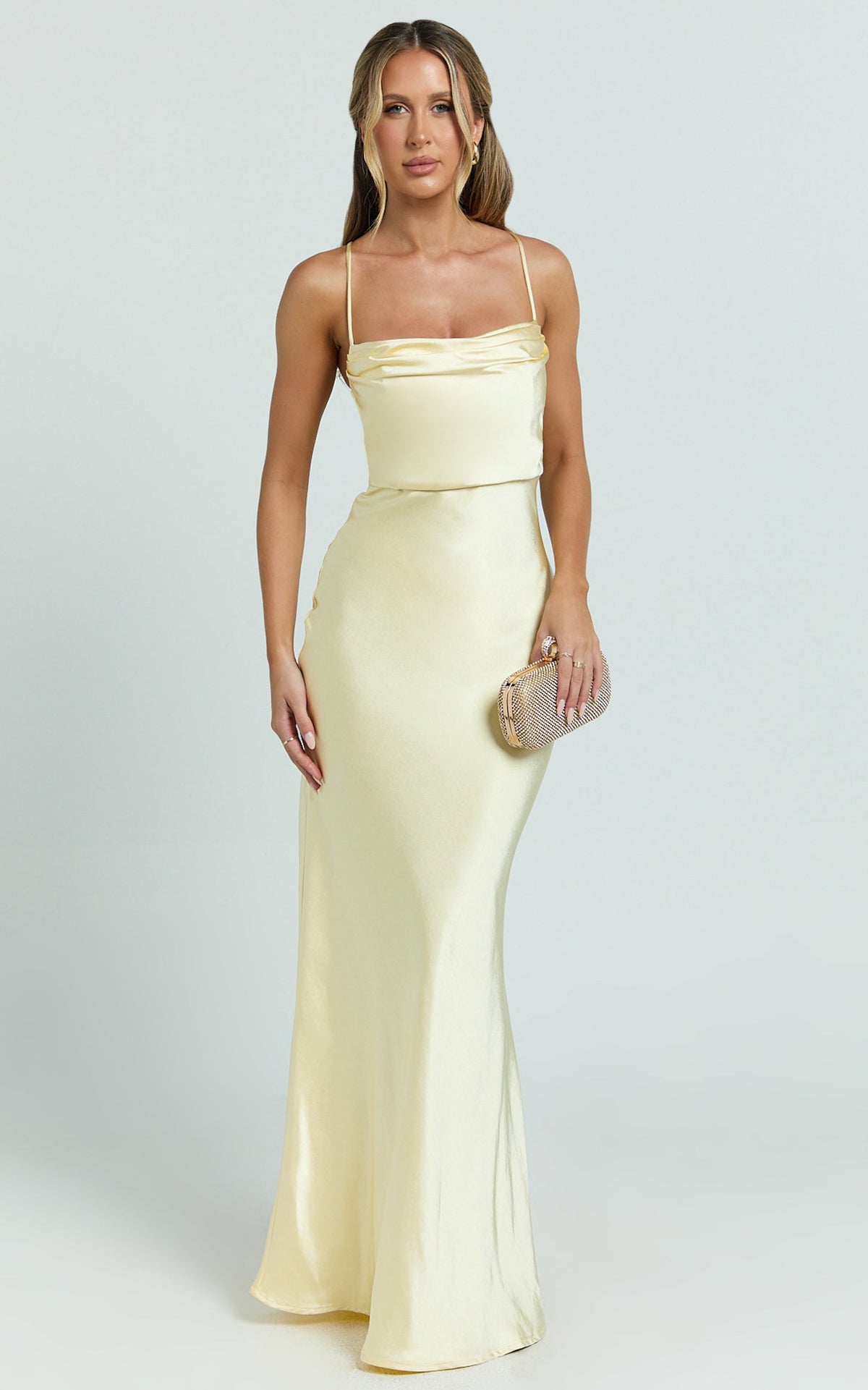 Hanna Maxi Dress - Satin Cowl Neck Low Back Dress in Lemon