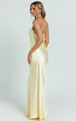 Hanna Maxi Dress - Satin Cowl Neck Low Back Dress in Lemon