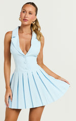 Hannah Mini Dress - Tailored Button Down Pleated Mini Dress in Blue