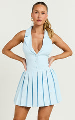 Hannah Mini Dress - Tailored Button Down Pleated Mini Dress in Blue