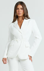 Harlee Blazer - Belted Cinch Waist Blazer in White