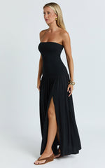 Harlee Maxi Dress - Strapless Drop Waist Knit Bodice Full Gathered Skirt Dress in Black