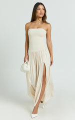 Harlee Maxi Dress - Strapless Drop Waist Knit Bodice Full Gathered Skirt Dress in Cream