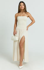 Harlee Maxi Dress - Strapless Drop Waist Knit Bodice Full Gathered Skirt Dress in Cream