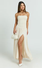 Harlee Maxi Dress - Strapless Drop Waist Knit Bodice Full Gathered Skirt Dress in Cream