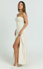 Harlee Maxi Dress - Strapless Drop Waist Knit Bodice Full Gathered Skirt Dress in Cream