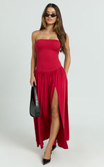 Harlee Maxi Dress - Strapless Drop Waist Knit Bodice Full Gathered Skirt Dress in Red