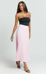 Harlee Midi Skirt - Pleated High Waist A Line Skirt in Baby Pink