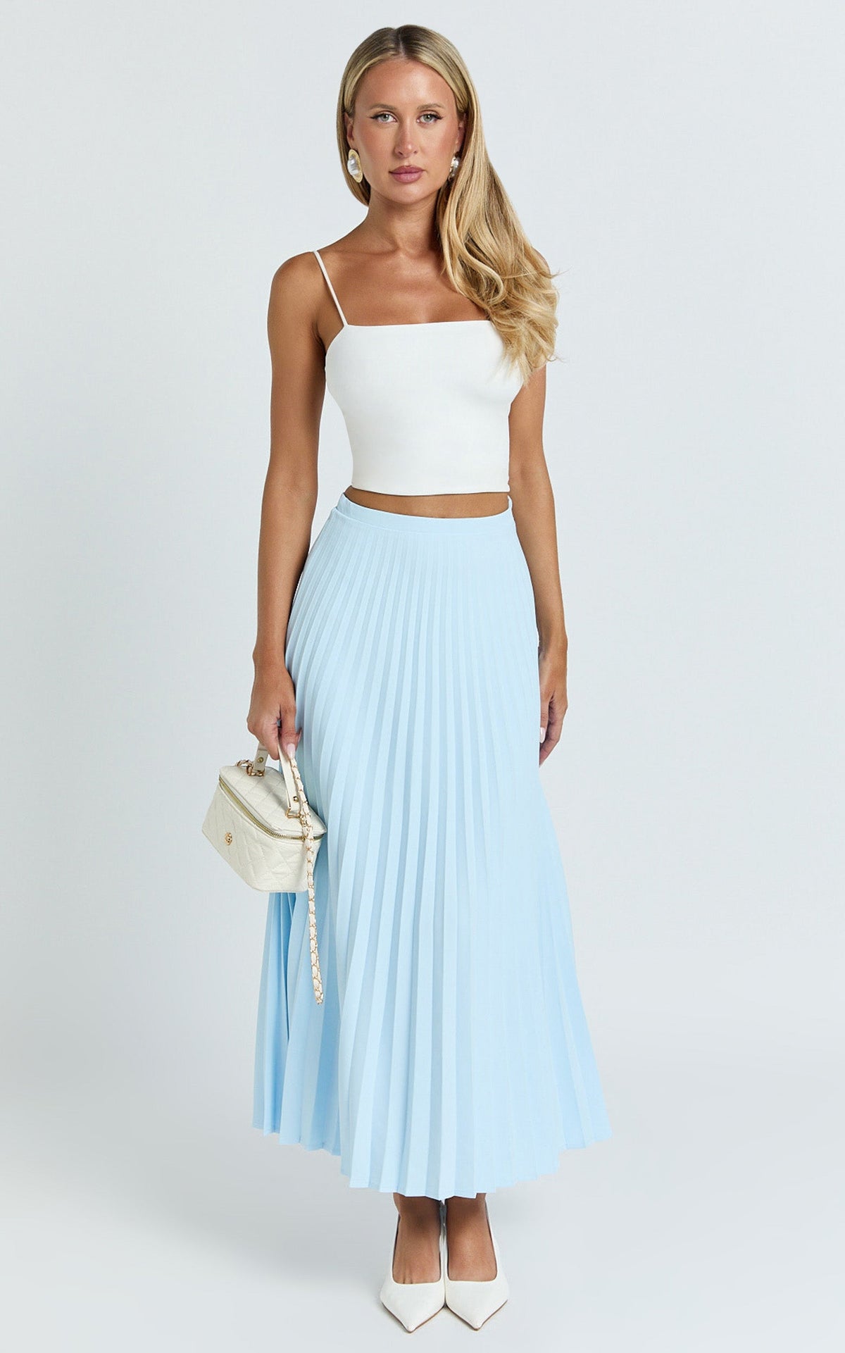 Harlee Midi Skirt - Pleated High Waist A Line Skirt in Pastel Blue