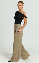 Harlee Pants - Mid Waist Pleated Wide Leg Pants in Olive