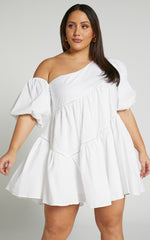 Harleen Mini Dress - Linen Asymmetrical Trim Puff Sleeve Dress in White