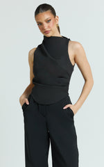 Harlene Top - Draped Tucked Neck Sleeveless Top in Black