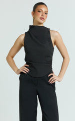 Harlene Top - Draped Tucked Neck Sleeveless Top in Black