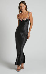 Harmony Midi Dress - Floral Detail Cup Bust Satin Dress in Black