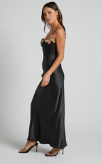 Harmony Midi Dress - Floral Detail Cup Bust Satin Dress in Black