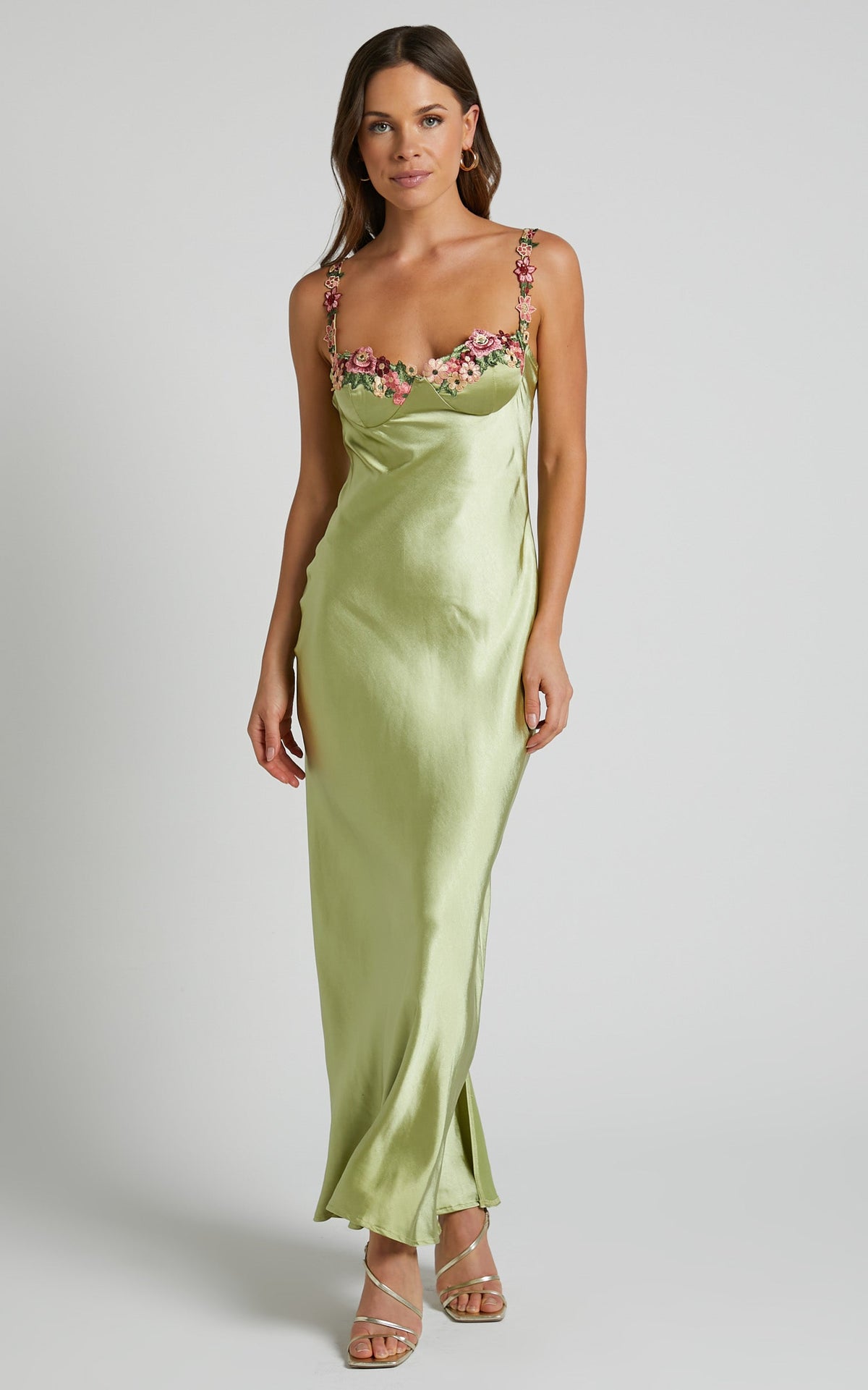 Harmony Midi Dress - Floral Detail Cup Bust Satin Dress in Citrus