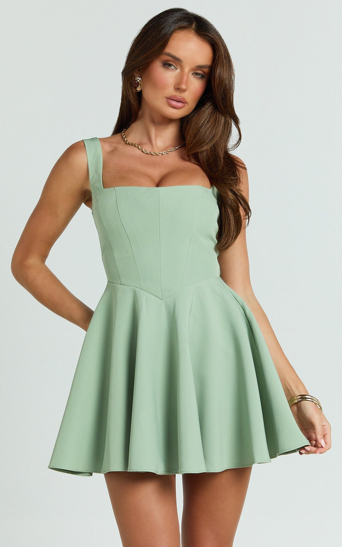 Harmony Mini Dress - Wide Strap Square Neck Fit And Flare Dress in Sage