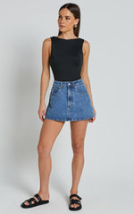 Harriet Skort - Mid Waisted Recycled Denim Skort in Mid Blue Wash