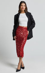 Hasley Midi Skirt - Sequin Bodycon Skirt in Red