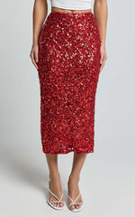 Hasley Midi Skirt - Sequin Bodycon Skirt in Red