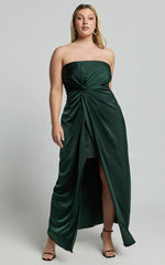 Hathaway Maxi Dress - Strapless Straight Neck Twist Front Split in Emerald