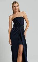 Hathaway Maxi Dress - Strapless Straight Neck Twist Front Split in Navy