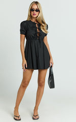 Hattie Mini Dress - Tie Front Puff Sleeve Dress in Black