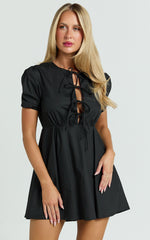 Hattie Mini Dress - Tie Front Puff Sleeve Dress in Black