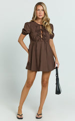 Hattie Mini Dress - Tie Front Puff Sleeve Dress in Chocolate