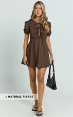 Hattie Mini Dress - Tie Front Puff Sleeve Dress in Chocolate