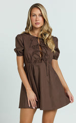 Hattie Mini Dress - Tie Front Puff Sleeve Dress in Chocolate