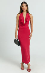 Hawkins Midi Dress - Low Cowl Halter Neck Bodycon Dress in Red